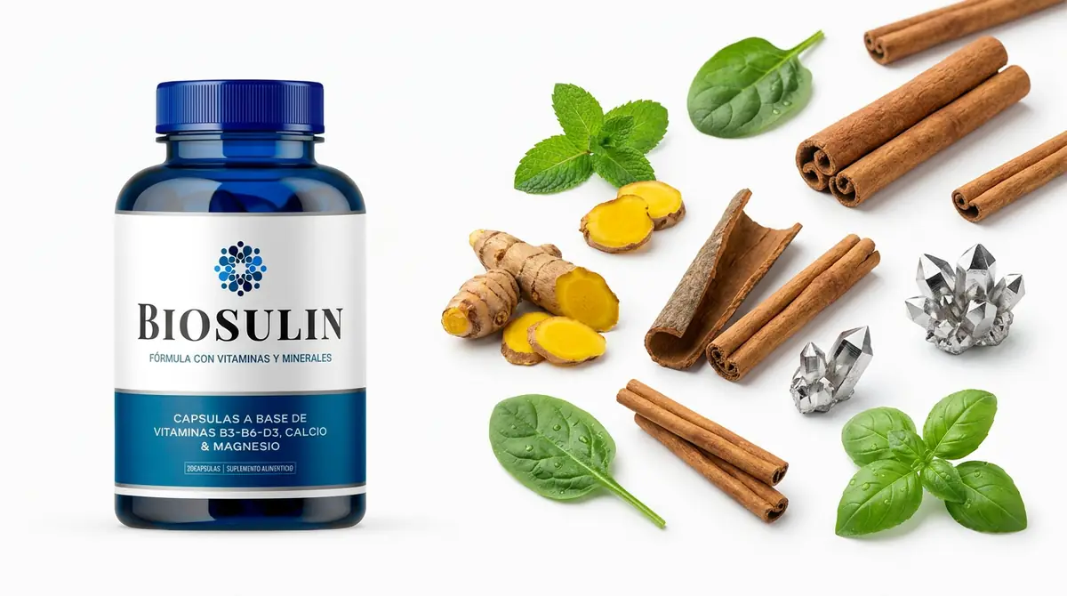 Frasco de Biosulin junto a canela, jengibre y hojas verdes de su fórmula natural