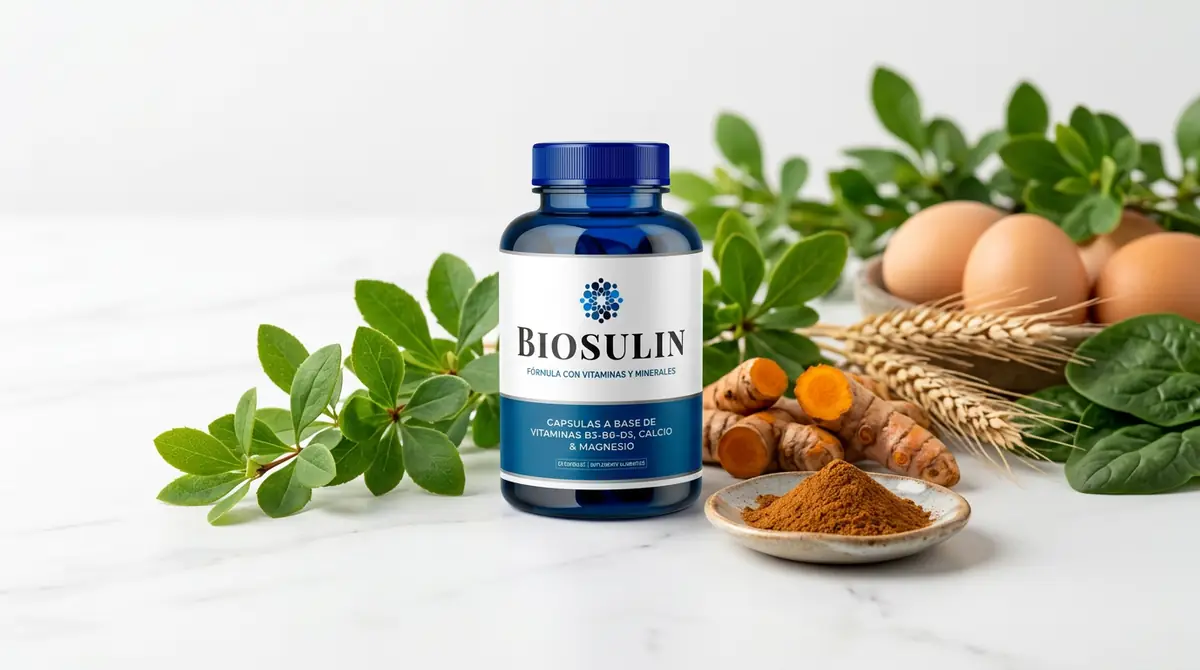 Frasco de Biosulin junto a hierbas frescas, huevos y granos naturales de su fórmula