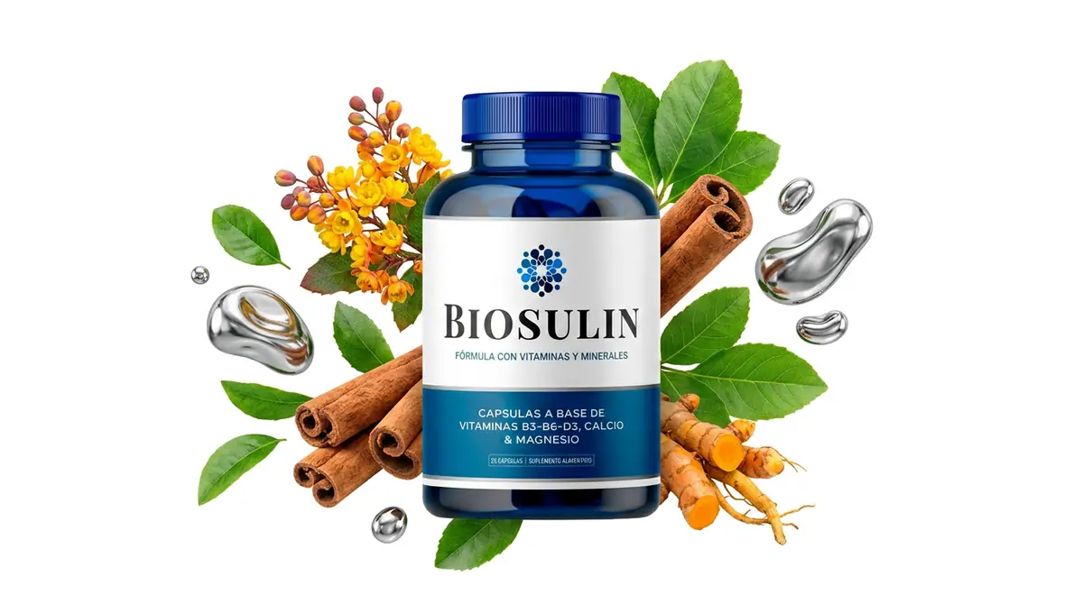 Frasco de Biosulin con canela, flores y especias naturales de su fórmula