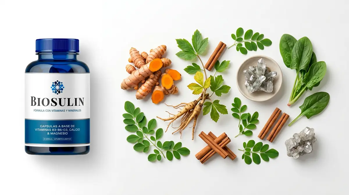 Frasco de Biosulin con cúrcuma, hojas y minerales de su composición