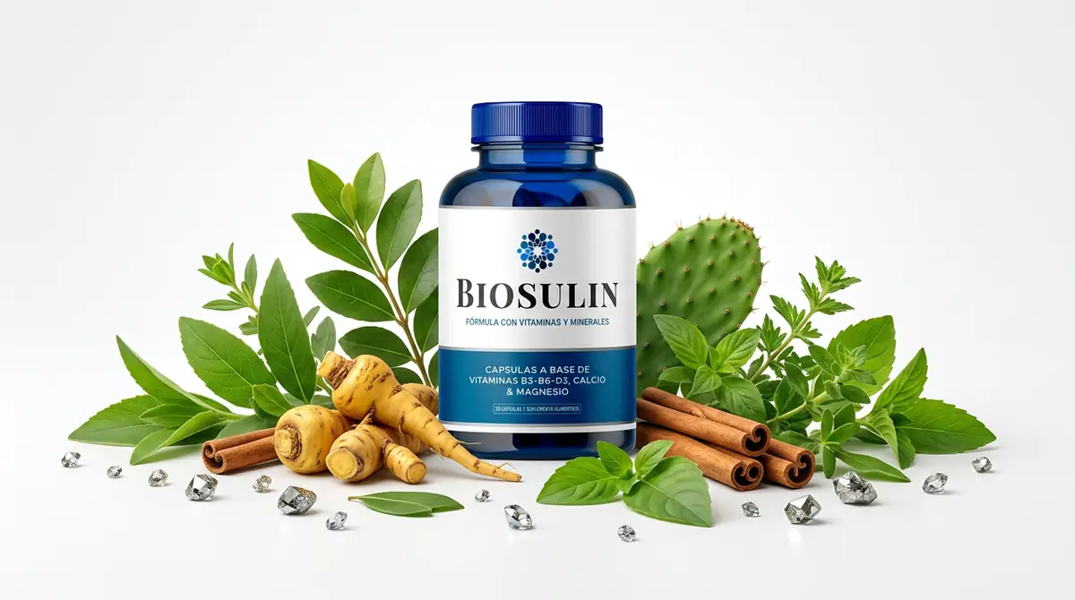 Frasco de Biosulin con hierbas, jengibre y nopal que reflejan su fórmula natural