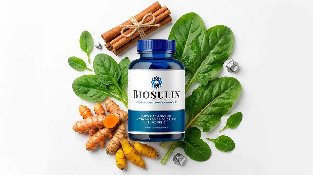 Frasco de Biosulin con canela y cúrcuma fresca de su fórmula