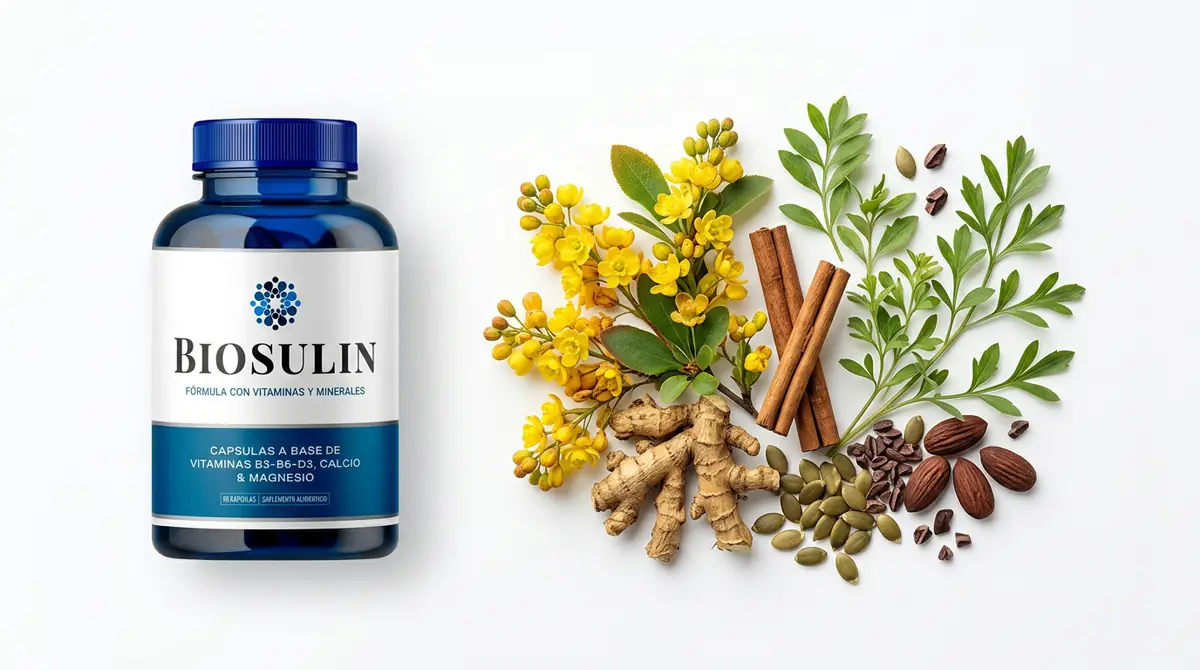 Frasco original de Biosulin con flores amarillas, dátiles y especias de su fórmula