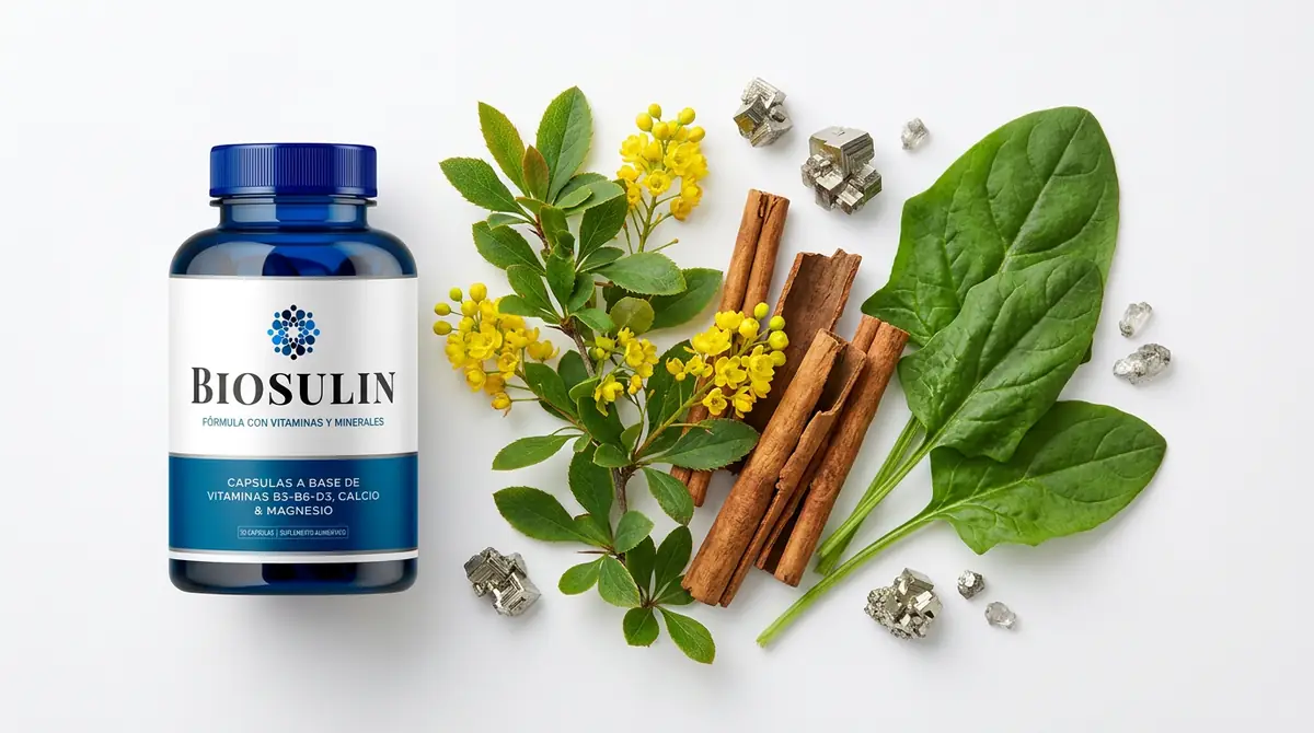 Frasco de Biosulin con espinacas, flores y canela que componen su fórmula