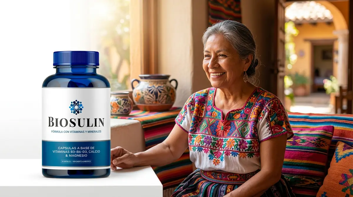 Señora mayor sonriente en su casa mexicana con el frasco de Biosulin