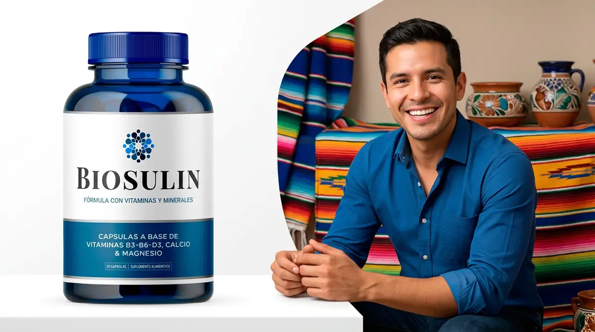 Hombre de camisa azul sonriente con artesanías mexicanas y su frasco original de Biosulin