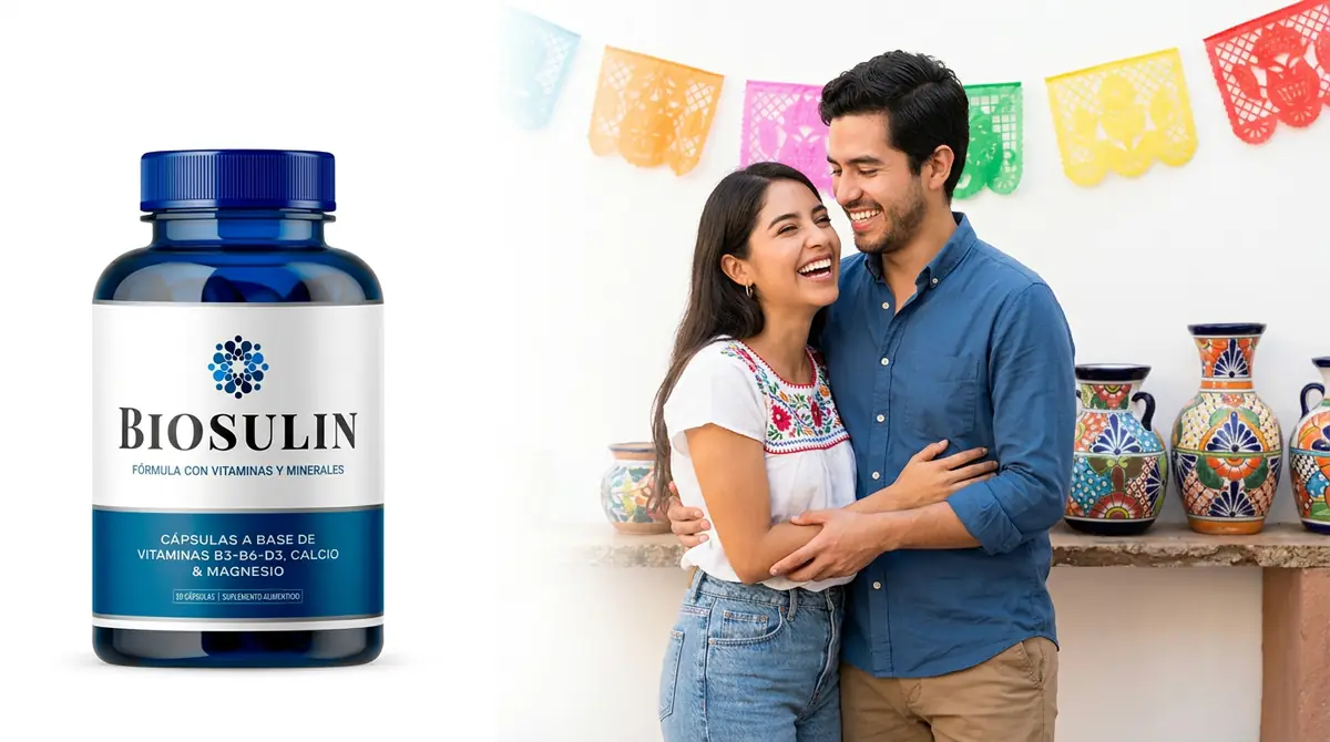 Pareja joven feliz en casa después de hacer su pedido de Biosulin