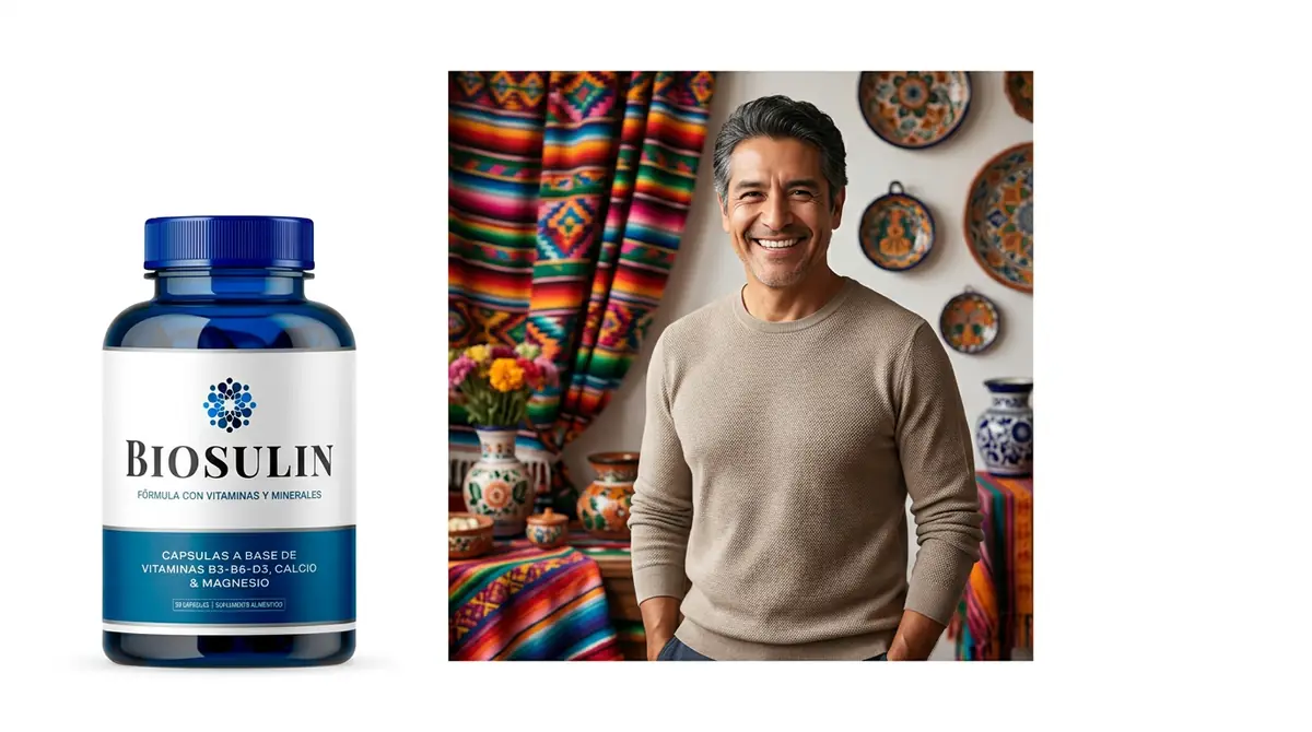 Hombre maduro sonriente con textil tradicional mexicano y su frasco de Biosulin