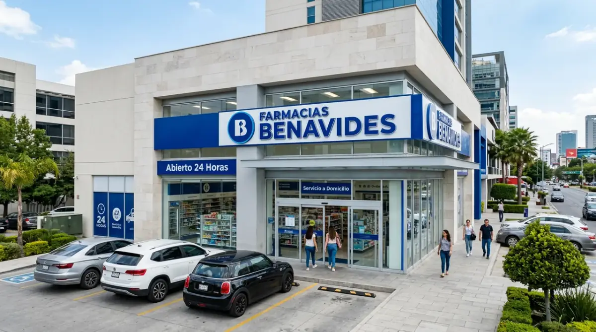 Fachada de una farmacia estilo Benavides en el norte de México