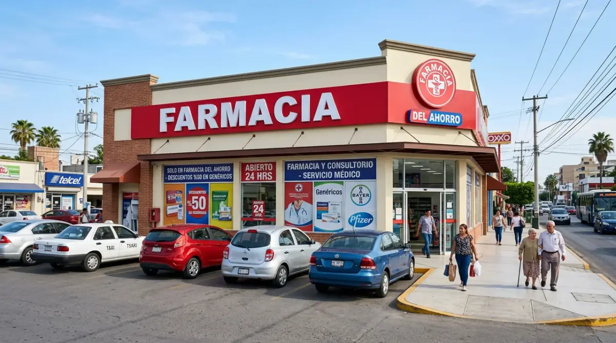 Fachada de una farmacia estilo Del Ahorro en México