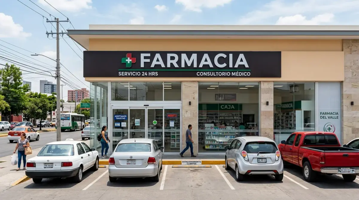 Fachada de farmacia moderna genérica que representa los canales de venta no verificados