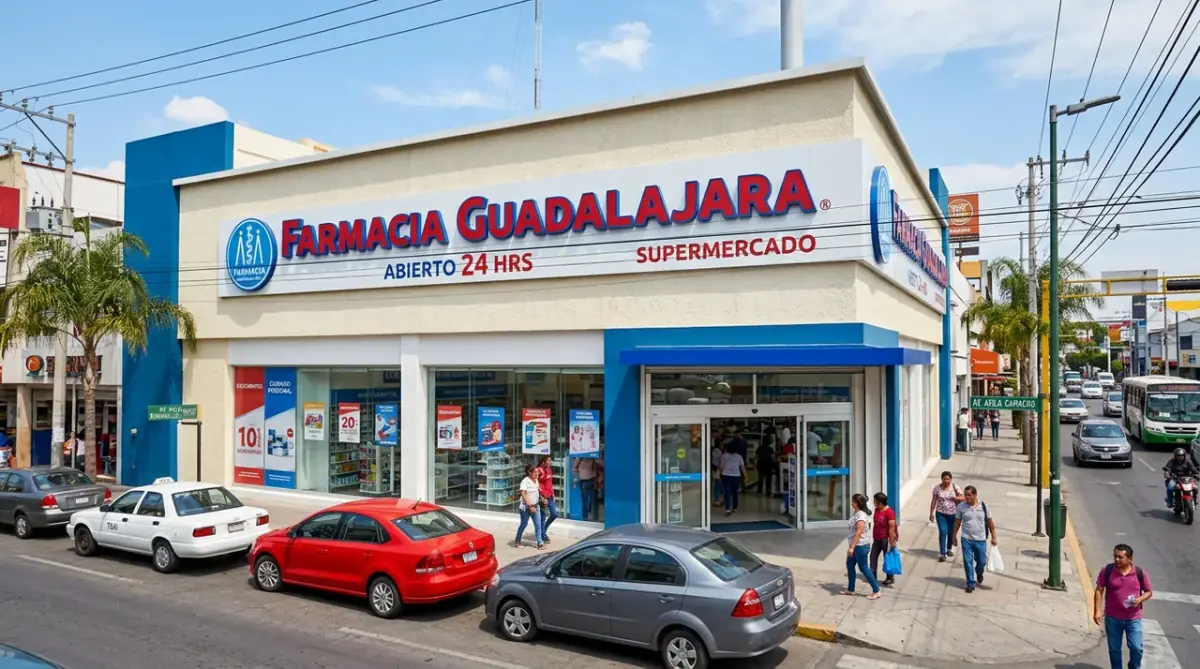 Fachada de una farmacia estilo Guadalajara con estacionamiento