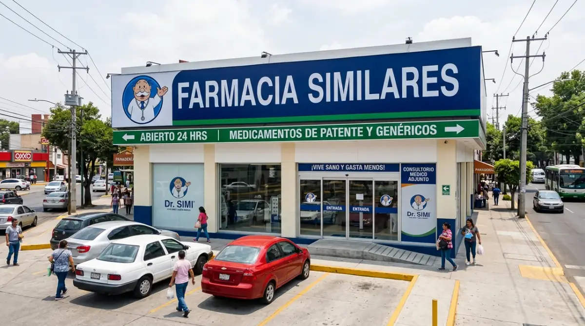 Fachada de una farmacia estilo Similares en una calle mexicana